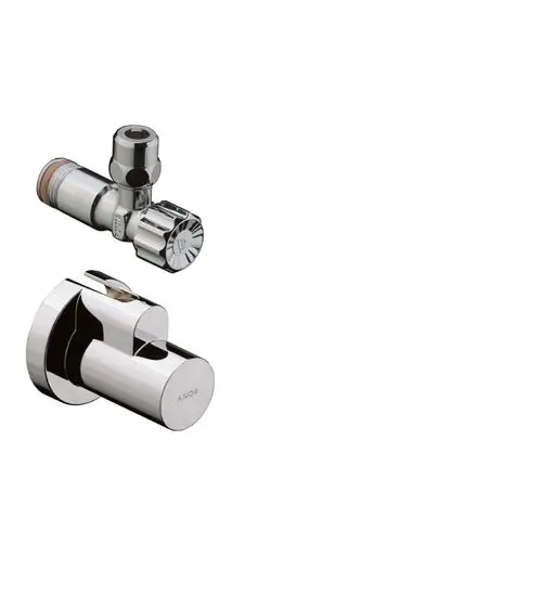 Eckventil mit Schuberabgang in verchromter Ausführung, gefertigt von Hansgrohe, zur Installation in Sanitäranlagen.
